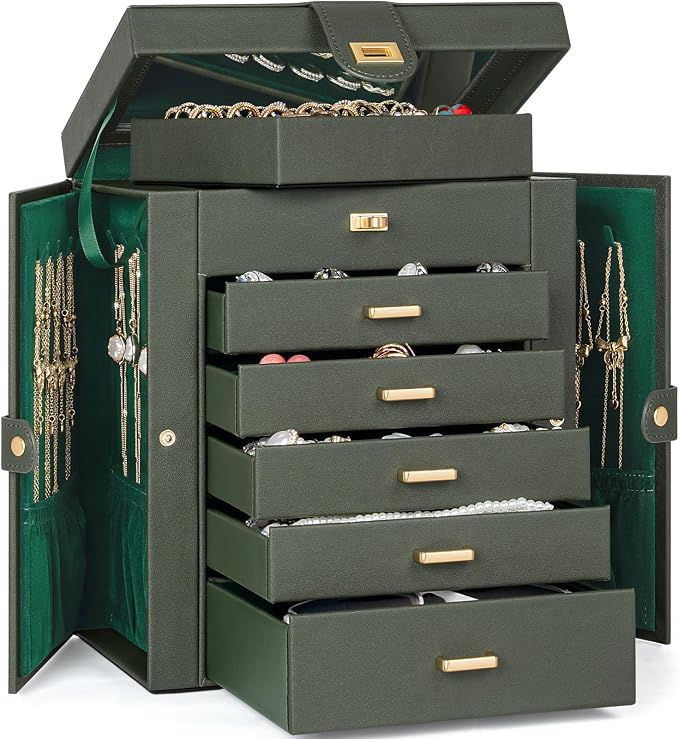 AKOZLIN 6-Tier Jewelry Box Organizer Functional 5 Drawers Leather Jewelry Storage Case for Women Girls Ring Necklace Earring Bracelet Holder Organizer with Mirror Dark Green - Image 6