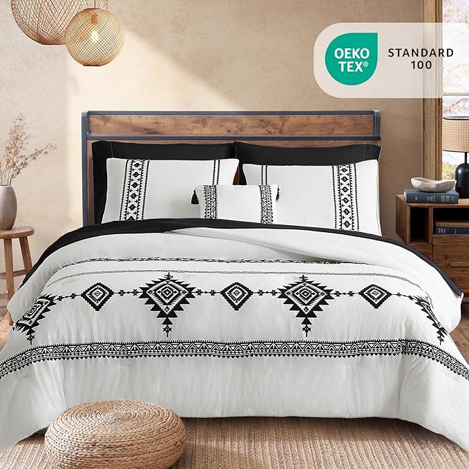 MaiRêve Embroidery Comforter Set Queen Size - 7 Piece, White Boho Western Bedding All Season Bed in A Bag, Farmhouse Queen Comforter Set with Sheets, Pillowcases & Shams
