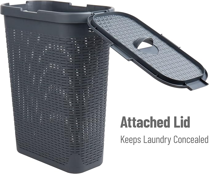 Mind Reader Slim Laundry Hamper with Lid, 40L Clothes Basket, Narrow Tapered Design with Ventilated Cutout Pattern, Plastic, Gray - Image 5