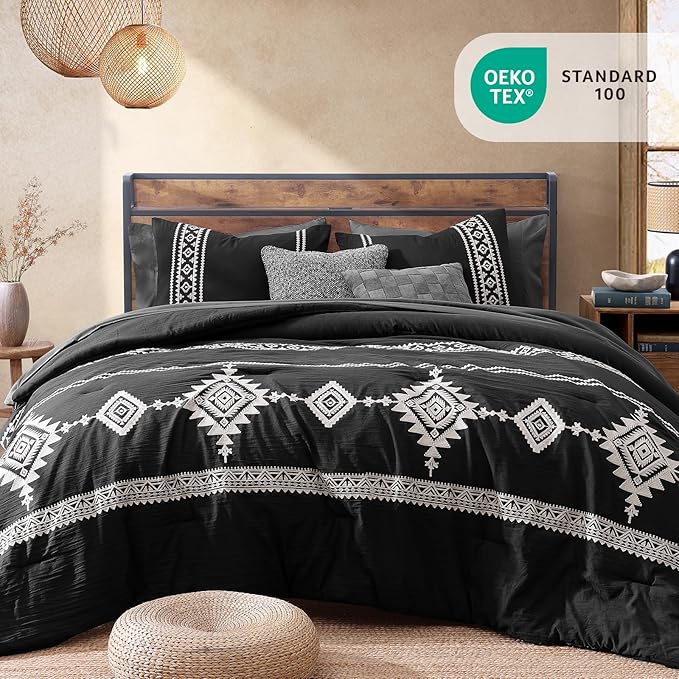 MaiRêve Embroidery Comforter Set, Boho Farmhouse Western Bedding Set, All Season Bed in A Bag Comforter Set with Sheets, Pillowcases & Shams, Black King 7 Pieces