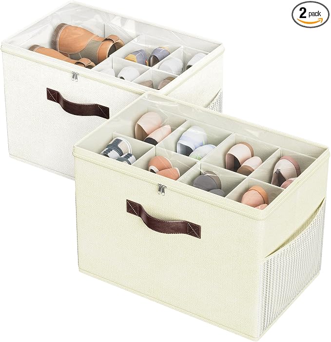 Budding Joy 2 Pack Shoe Organizer for Closet, Clear Foldable Shoe Storage Containers Adjustable Dividers Fits 16 Pairs,Shoe Storage Bins Baskets Boxes with Reinforced Handles Beige Yellow Beige by BuddingJoy-BuildaJoyfulLifeforYou