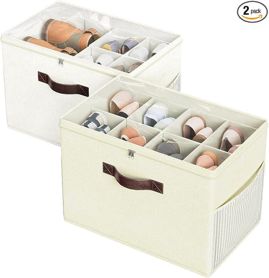 Budding Joy 2 Pack Shoe Organizer for Closet, Clear Foldable Shoe Storage Containers Adjustable Dividers Fits 16 Pairs,Shoe Storage Bins Baskets Boxes with Reinforced Handles Beige Yellow Beige by BuddingJoy-BuildaJoyfulLifeforYou