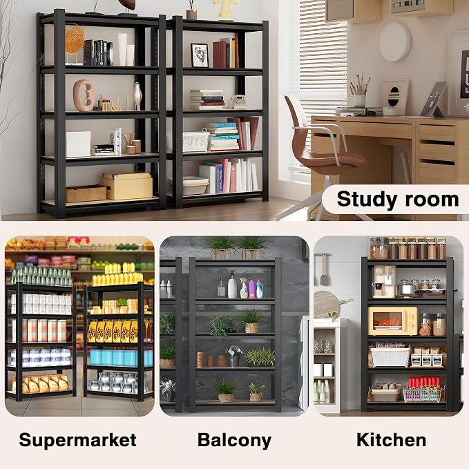 WORKPRO House 5-Tier Shelving Unit, 3000lbs Adjustable Storage Shelves, Boltless Book Shelf, Shelf Organizer for Kitchen, Living Room, Bathroom, Wood Grain Pattern, Waterproof Board, 24-1/10"W, Black - Image 8