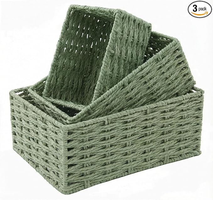 Small Wicker Basket for Organizing, Woven Storage Basket Set of 3 - Handwoven Natural Paper Rope Baskets to Declutter Any Room, Perfect for Organizing and Home Decor (Green) by Unknown
