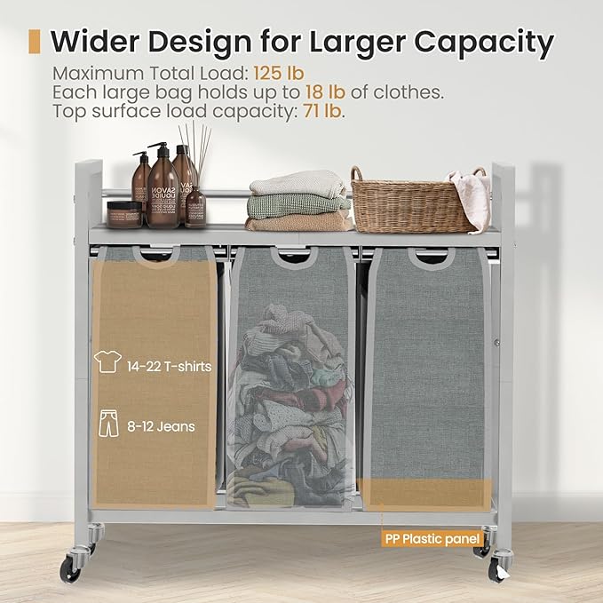 SwaaVee Laundry Hamper, Laundry Basket, Laundry Sorter with 3 Removable Bags, Clothes Basket with 3 Compartments, Wheels, Shelf for Laundry Room Bathroom Bedroom (3 Bags-Gray) - Image 3