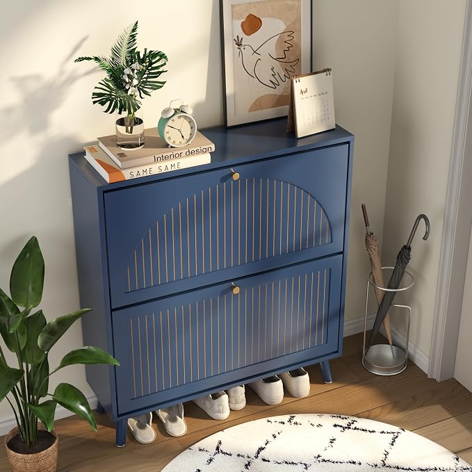 Fsbecl Shoe Storage Cabinet for Entryway with 2 Flip Drawers, Narrow Wood Shoe Cabinet with Fluted Panel, Freestanding Hidden Shoe Organizer for Foyer, Hallway (Blue - with Shelf) - Image 6