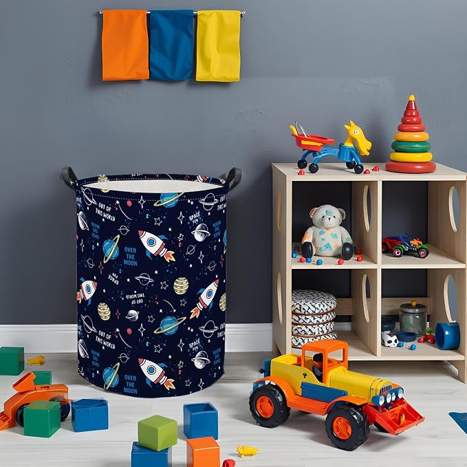 HIYAGON Kids Laundry Basket Baby Hamper for Nursery Boys Kids Hamper Cute Kids Toys Storage Bin Organizer Butterfly Room Decor for Home(Rocket Planet) - Image 2