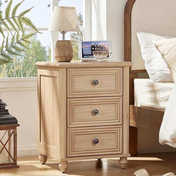 RWYHG 18" Farmhouse Night Stand, Natural Wood Nightstand with 3 Drawers, Bedside End Table with Storage and Roman Column, Bed Side Tables Cabinet for Bedroom, Living Room, and Closet
