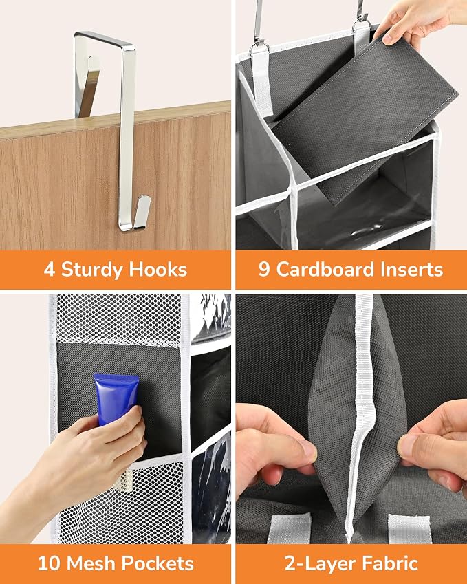 ULG Over the Door Organizer, 5-Tier Extra Large Hanging Storage with 10 Mesh Pockets, 100 lbs Capacity, Heavy Duty Door Organizer for Closet, Bedroom,Grey - Image 4