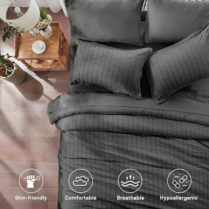 Zzlpp King Comforter Set 7 pieces, Dark Grey Seersucker Bed in a Bag with Comforter and Sheets, All Season Bedding Sets with 1 Comforter, 2 Pillow Shams, 2 Pillowcases, 1 Flat Sheet, 1 Fitted Sheet