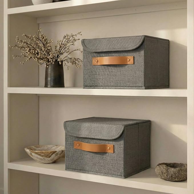Decorative Linen Storage Boxes with Lids - Spacious Set of 2 Organizer Bins for Your Home Decor - The Perfect Small Container to Safely Store Photos, Documents and Memory Box Keepsakes in Style - Image 2