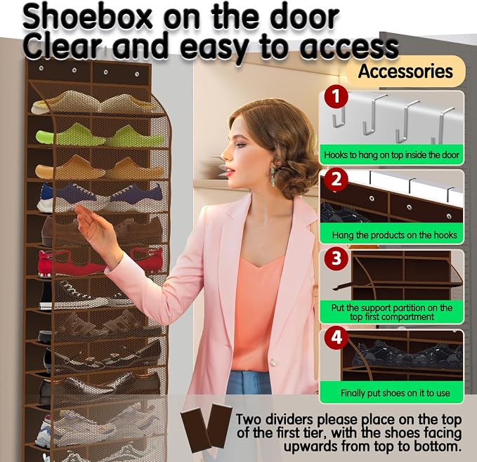 Kotkn Over The Door Shoe Organizer with 12 Large Breathable Pockets - Durable Hanging Storage for the Entire Family's Shoes (Espresso) - Image 5