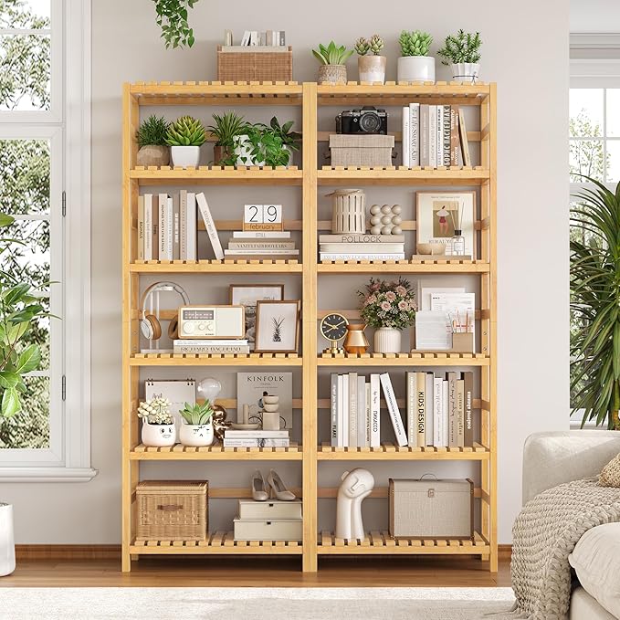FOTOSOK 6-Tier Bamboo Shelf, Bamboo Bookcase with Adjustable Shelves, Free Standing Storage Shelf Unit, Plant Flower Stand for Kitchen, Bathroom, Home Office, Natural - Image 5