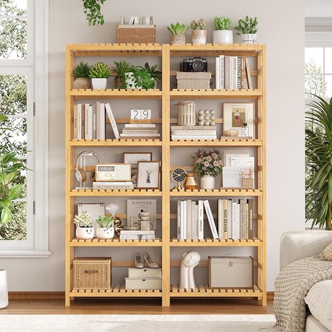FOTOSOK 6-Tier Bamboo Shelf Set of 2, Bamboo Bookcase with Adjustable Shelves, Free Standing Storage Shelf Unit and Plant Flower Stand, Tall Large Bookshelf for Kitchen, Bathroom, Home Office, Natural - Image 4