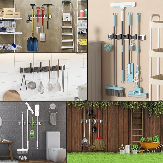 Holikme Mop Broom Holder Wall Mount Metal Pantry Organization and Storage Garden Kitchen Tool Organizer Wall Hanger for Home Goods (4 Positions with 4 Hooks, Black) - Image 5