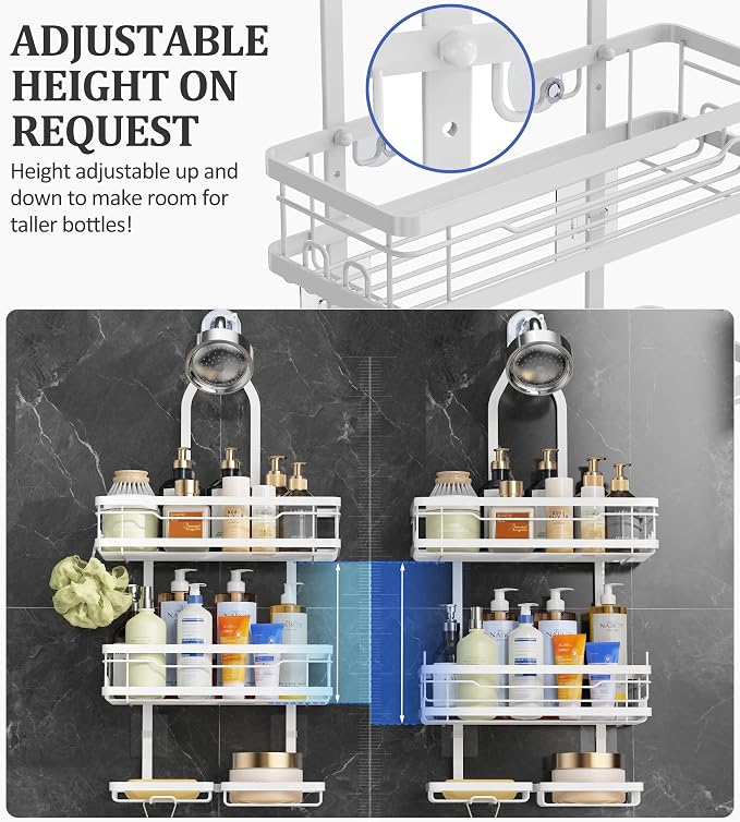 OMAIRA Shower Caddy Hanging with Soap Scrub Holder, Stainless Steel Adjustable No Drilling Non-Slip Large Capacity Sturdy Over Shower Head Shower Organizer Inside Shelves Bathroom Storage Rack, White - Image 4