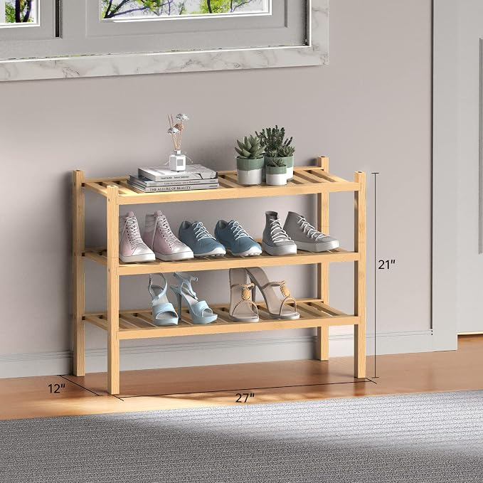 ROMGUAR CRAFT (Thick Bamboo Shoe Rack for Entryway, 3-Tier Free Standing Shoe Racks Stackable Shoe Rack Organizer for Hallway Closet Living Room 27 x12 x21 Inches - Image 3