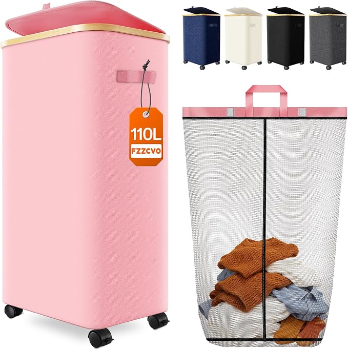 Laundry Hamper with Wheels, 110L Large Clothes Hamper with Removable Inner Bag, Collapsible Dirty Clothes Basket for Dorm, Rolling Dirty Clothes Basket for, Bedroom, Bathroom, Laundry Room by Fzzcvo