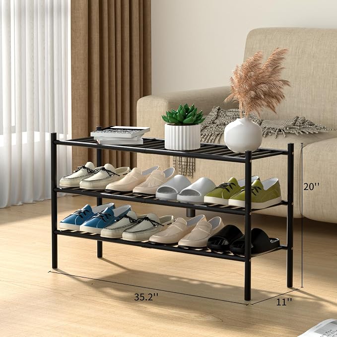 ROMGUAR CRAFT 3-Tier Bamboo Long Shoe Rack, Free Standing Wood Shoe Shelf Storage Organizer for Closet Entryway Stackable 35"x11"x20" (Black) - Image 3
