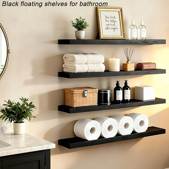 ROGMARS Black Floating Shelves for Wall 36 inch,Rustic Solid Wood Farmhouse Wooden Floating Wall Shelves with Invisible Brackets for Bedroom,Living Room, Kitchen, Bathroom,Set of 4 - Image 5