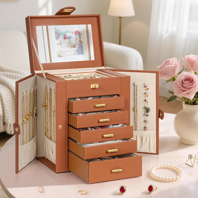 AKOZLIN Jewelry Box Organizer Functional Leather Jewelry Storage Case for Women Girls Ring Necklace Earring Bracelet Holder Organizer with Mirror - Image 8
