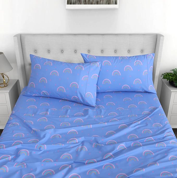 RUVANTI 100% Cotton Sheets – Twin Size Percale Bedding, Cooling & Breathable Floral Design, Durable with a Crisp, Soft & Comfortable Feel, 16" Deep Pocket, 3-Piece Set, Baby Rainbow
