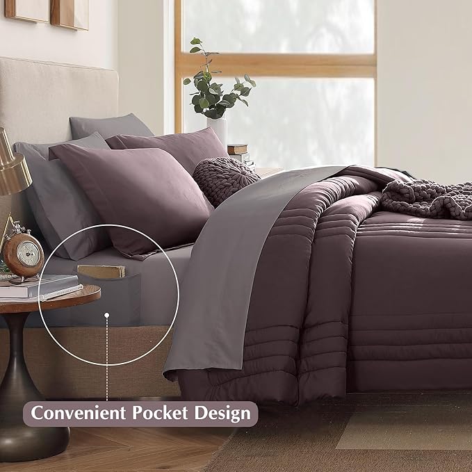Monbix Queen Comforter Set - 7 Pieces ltalian Plum Bed in a Bag Queen Bedding Sets with Comforters, All Seasons Comforter Bed Set with Sheets, Pillowcases & Shams