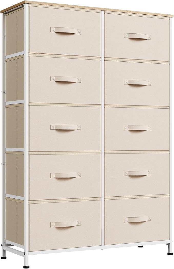 WLIVE Tall Dresser for Bedroom with 10 Drawers, Chest of Drawers, Fabric Dresser for Closet, Hallway, Living Room, Entryway, Cream White