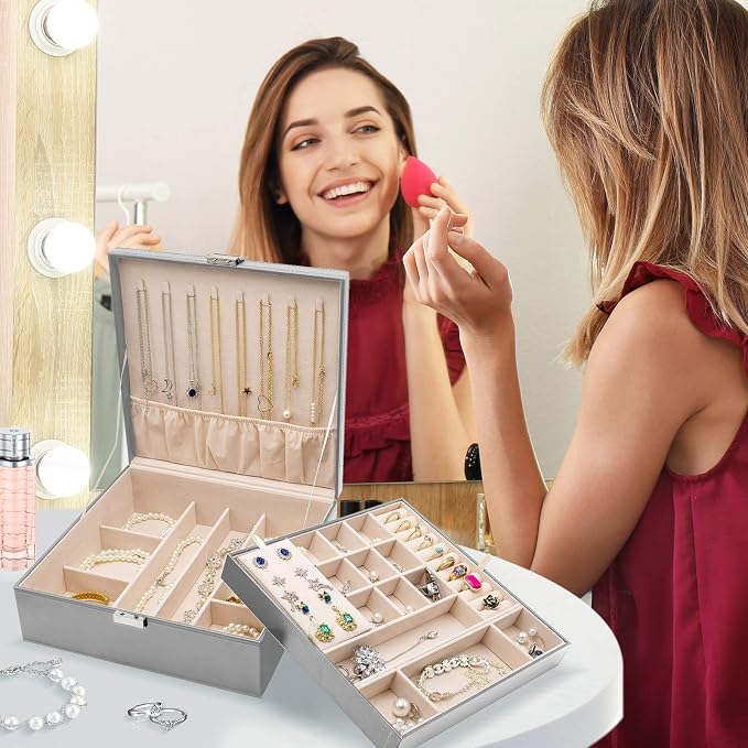ProCase Jewelry Box for Women, 2 Layers Large Leather Jewelry Organizer Storage Case with Removable Pad for Earrings -Grey - Image 5