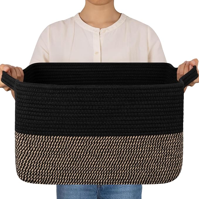 OIAHOMY Woven Storage Basket for Shelves, Rectangle Cotton Rope Baskets for Organizing, 16 x 12 x 10 in, Storage Bins for Dog Toys,Towel,Books,Gift,Black and Brown by MasterofSpaceOptimization