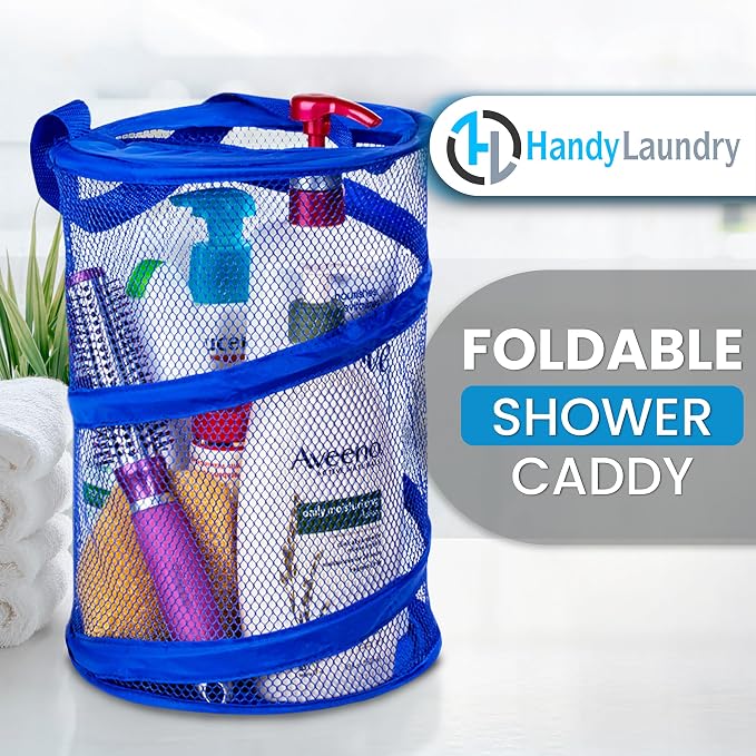 Handy Laundry Foldable Shower Caddy - Collapsible, Portable, Drainage Hole, Carry Handle, Large Compartments. Great Organizer for Camp, Travel, Gym, and Dorm (Blue) - Image 2