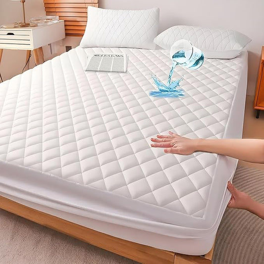 Waterproof Mattress Protector, Queen Size Cooling 3D Air Fabric Bed Pad Cover Noiseless with Deep Pocket 4"-14" Depth, Soft Breathable Dirt-Proof Bed Mattress Cover Washable (White, King)