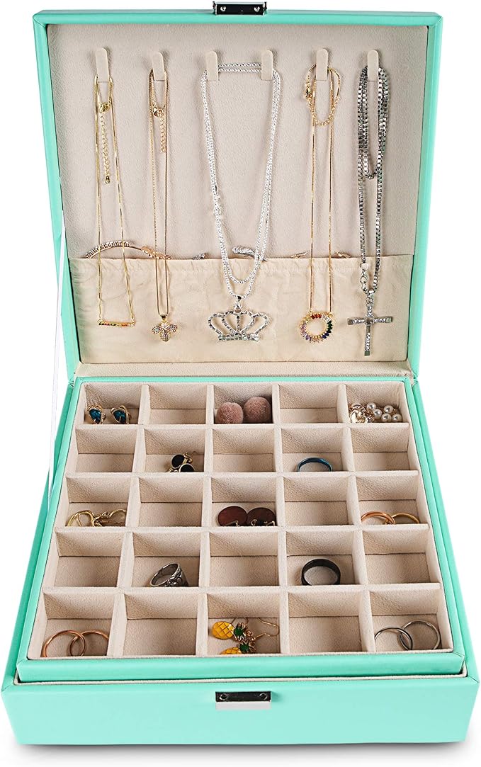 Frebeauty Earring Organizer Classic Jewelry Box 50 Slots Double Layer Jewelry Storage Case with 6 Necklace Hook and Bracelet Pocket(Turquoise) - Image 2