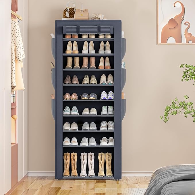 OYREL Shoes Rack 10 Tier Tall Shoe Rack with Storage Pockets, Fabric Covered Shoe Racks,Metal Shoes Rack Organizer for Closets,Bedroom, Garage - Image 7