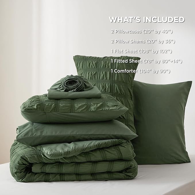 Bedsure Bed in a Bag King - 7 Pieces Plaid Seersucker Bedding Comforter Sets, Soft Lightweight Olive Green Boho Bed Set with Comforters King Size, Sheets, Pillowcases & Shams