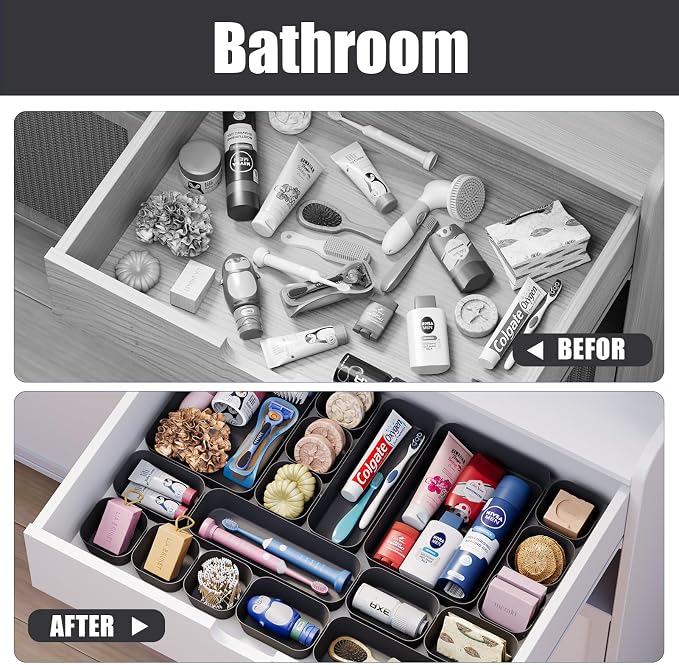 Plastic Drawer Organizers, 18 PCS Drawer Organizer Bins, Bathroom and Vanity Organizer Plastic Tray, Makeup organizer and storage for Makeup, Bedroom, Kitchen Gadgets Utensils and Office (Black) - Image 7