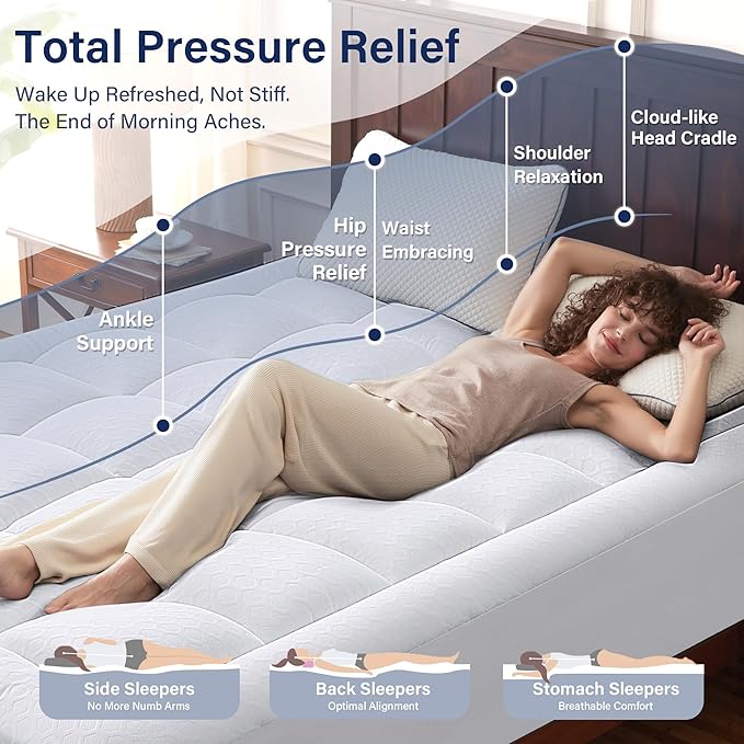 Anluoer Memory Foam Mattress Topper Full for Back Pain,Down Alternative Pillow Top Mattress Topper,Thick Mattress Pad with 8-21" Deep Pocket, 54x75 Inches,White