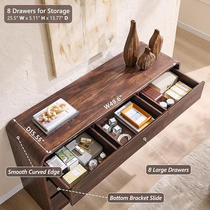 Aitjunz Modern 8 Drawers Dresser for Bedroom, 55" Wide Dressers & Chest of Drawers w/Curved Profile Design, Wood Mid Century Storage Dressers Organizer for Bedroom, Living Room, Brown