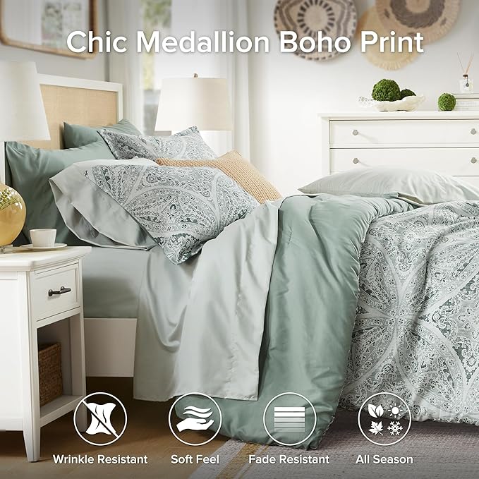 Comfort Spaces Bed in A Bag Comforter Set - Trendy Casual Design Full Comforter with Complete Sheet Set with Side Pocket, All Season Comforter, Shams, Gloria, Full Green 9 Piece