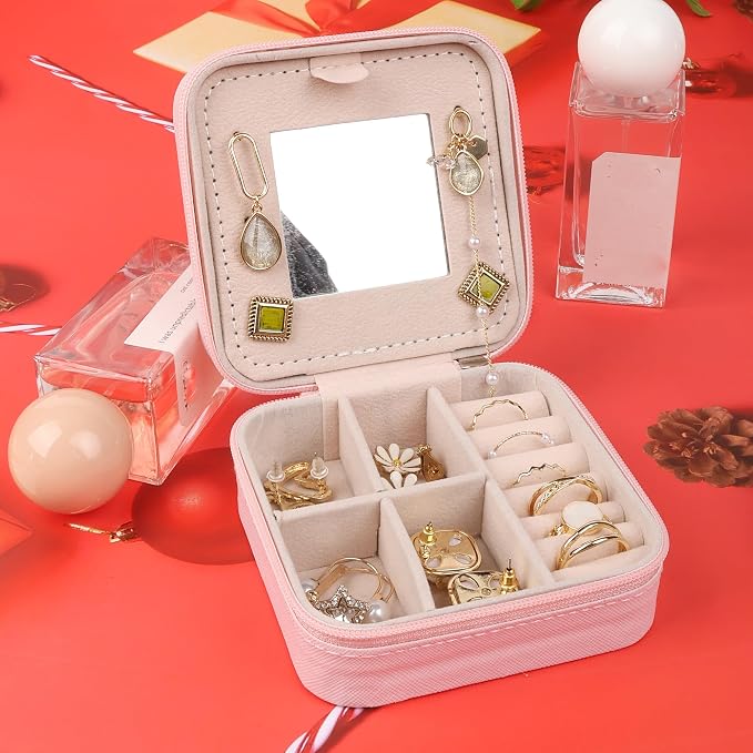 OceeK Travel Jewelry Case Box Organizer with Mirror,Travel Jewelry Box Holder Stocking Stuffers,Pink,1 Pack - Image 3