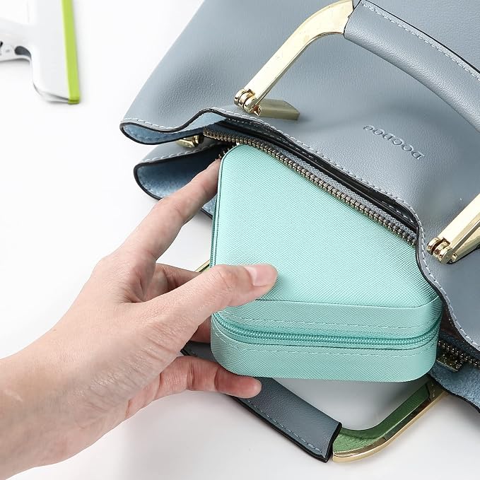 Neveika Portable Travel Mini Jewelry Box Leather Jewellery Ring Organizer Case Storage Gift Box Girls Women (blue). - Image 3