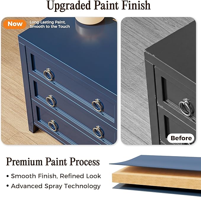 Huuger 23.6 Inch Night Stand with Charger Station and USB-C Port, 3 Drawer Nightstands Set of 2, Larger Wider Bedside Table, Modern End Table, for Bedroom, Blue Nightstand