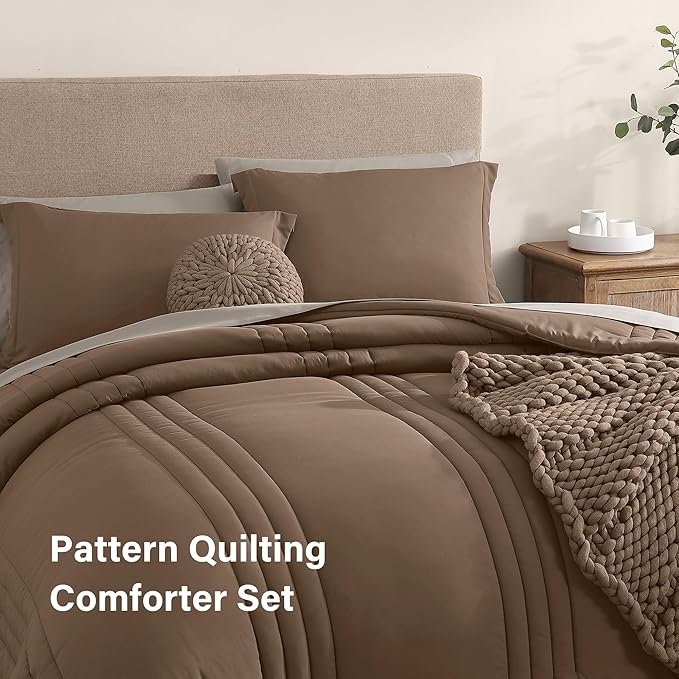 Monbix Full Comforter Set - 7 Pieces Umber Bed in a Bag Full Size Bedding Sets with Comforters, All Seasons Comforter with Sheets, Pillowcases & Shams