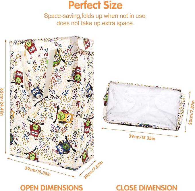 Odonata Slim Laundry Hamper Handles Collapsible Laundry Basket Thin Dirty Clothes Basket Narrow Laundry Bag Foldable Dirty Hamper 48L (Owl) - Image 2