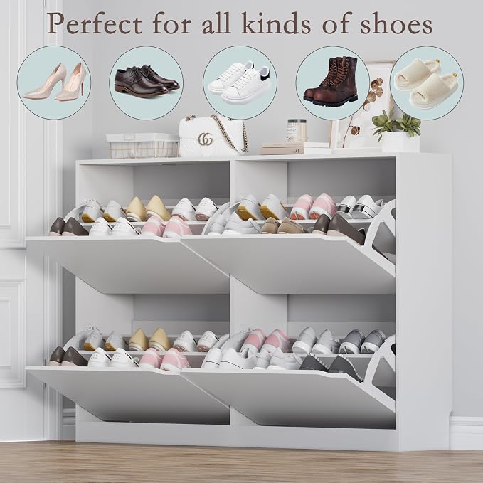 BORNOON Shoe Cabinet with 4 Flip Drawers, Narrow Hidden Shoe Storage Cabinet, Slim Freestanding Shoe Rack Organizer for Entryway, Hallway, Bedroom, Living Room - Image 4