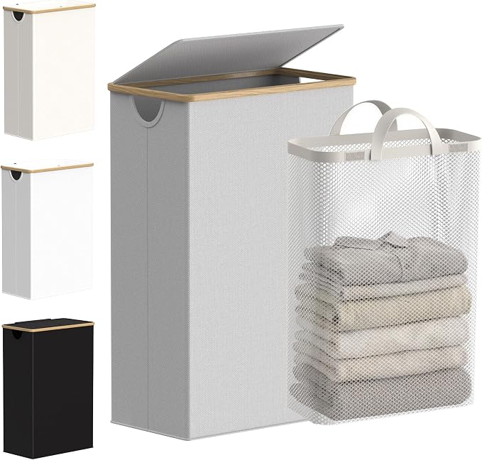 efluky Slim Laundry Basket with Lid, Narrow Laundry Hamper with Removable Bag, Skinny Dirty Clothes Basket with Bamboo Handles for Bathroom, Bedroom & Laundry Room, 75L Light Grey by efluky
