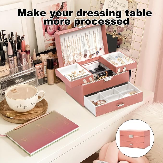 Dajasan Jewelry Organizer Box, Large Jewelry Boxes for Women Girls, Space-Saving 3 Layers Jewelry Storage Case with Drawer, Movable Metal Stand, Modern, Gift Idea (Champagne) - Image 5