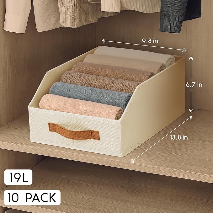 Homsorout Fabric Storage Bins for Organizing - 10 Pack Large Trapezoid Collapsible Storage Bins with Front Handle, Closet Organizers and Storage for Bedroom, Home Shelves, Small Spaces, Beige - Image 2