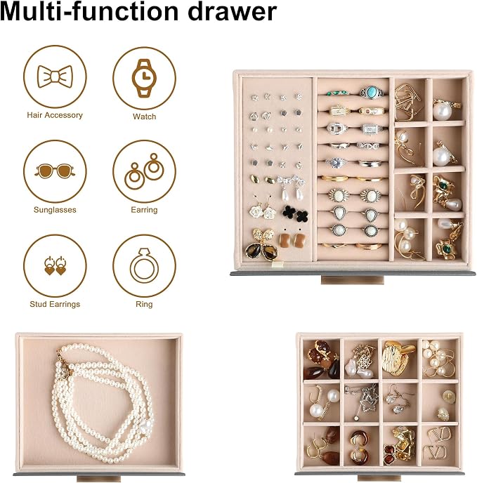 Frebeauty Clear Lid Jewelry Box,3-Layer Jewelry Organizer with Drawer,PU Leather Jewelry Organizers and Storage,Jewelry Boxes for Women,Jewelry Storage for Rings Earring Stud,Gift for Women(Grey) - Image 4