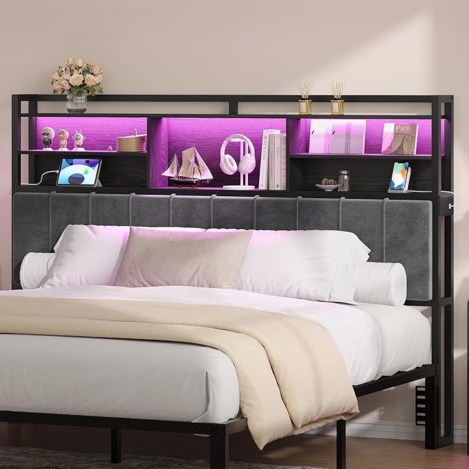 Hzuaneri Headboard with 3-Tier Storage Shelves, Velvet Upholstered Head Board with 2 Outlets, USB Ports & LED Light, Soft Backrest for King Size Bed, Black BH19404B